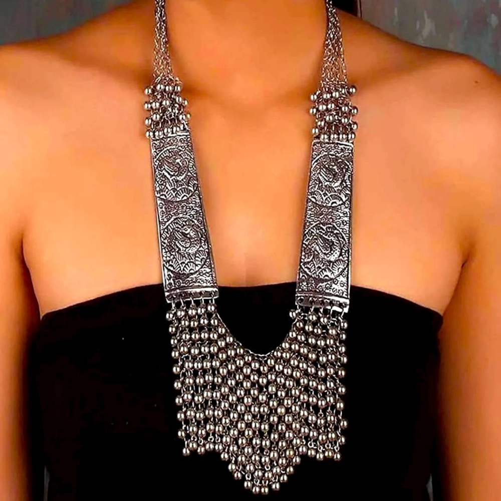 Oxidized Silver Unique Ornate Design Long Necklace